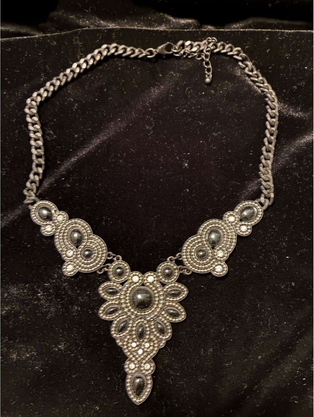 Gothic Gunmetal Black Cabochon Rhinestone Bib Statement Necklace 18-21”
